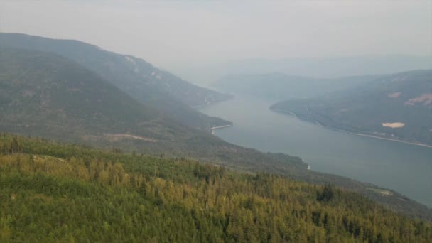 Schöne Luftaufnahme Des Waldes Auf Einem Hügel Mit Nebligen Bergen — Stockvideo