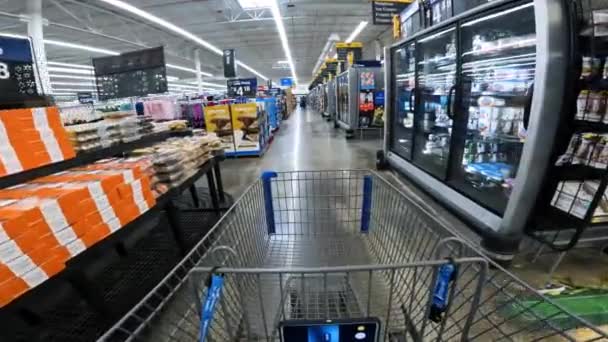 Pov Beim Schieben Eines Einkaufswagens Die Walmart Tiefkühltruhe Vom Hauptgang — Stockvideo