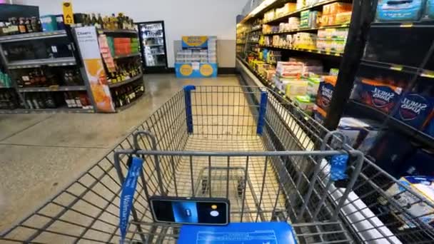 Pov While Pushing Cart Walmart Alcoholic Beverages Many Shelves Have — стоковое видео