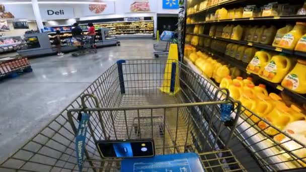 Pov While Pushing Cart Walmart Deli Shelves Juice Tea Soda — стоковое видео