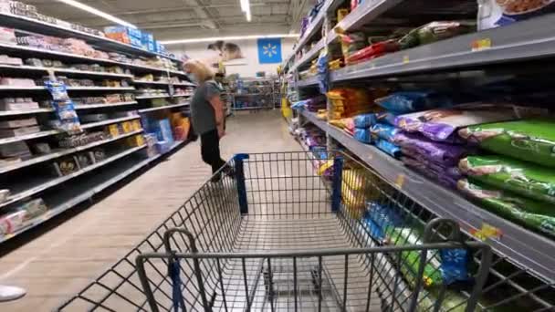 Pov Podczas Pchania Wózka Przez Walmart Sekcji Pet Wiele Półki — Wideo stockowe