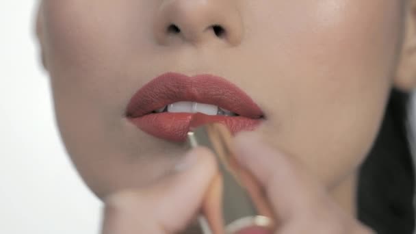 Lippenstift Und Make Werden Auf Schöne Models Aufgetragen — Stockvideo