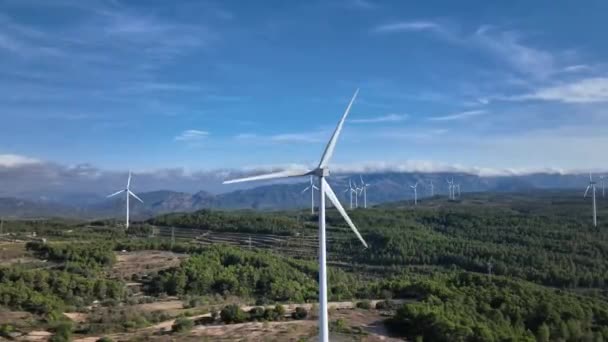 Stunning Scene Windmill Farm Bright Blue Sunny Sky Forest Dolly — Stock Video