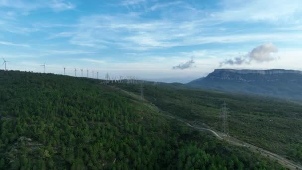 Aerial Drone Forward Flying High Voltage Electric Pylons Wind Farm — Αρχείο Βίντεο