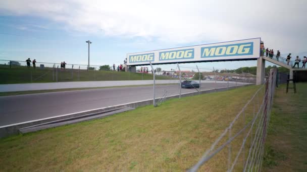 Fast Sports Car Speeds Finish Line Mosport Racetrack Drive Fest — Stock Video
