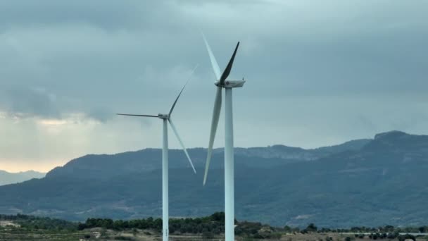 Aerial Drone Parallax View Inoperative Wind Turbines Mountainous Landscape Background — Stock Video