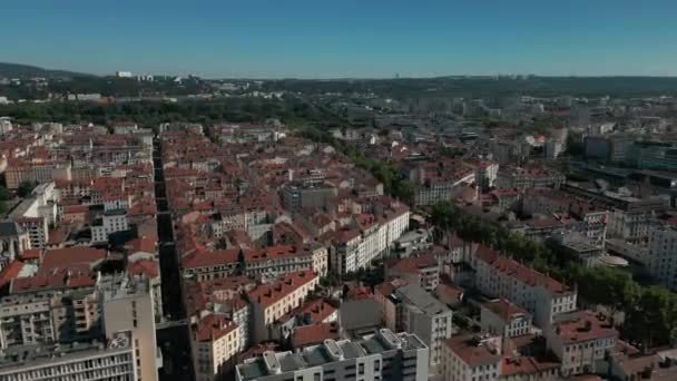 Drone Volando Sobre Centro Lyon Francia Vista Panorámica Aérea Cielo — Vídeos de Stock