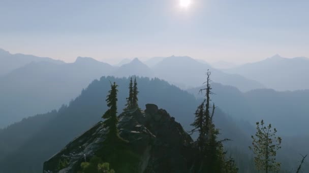 在华盛顿喀斯喀特山脉的晨雾中 空中镜头在山顶上盘旋 — 图库视频影像