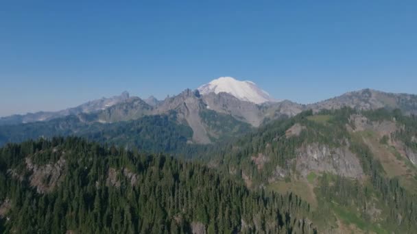 Nagranie Lotnicze Przelatujące Nad Sosnowymi Wzgórzami Gór Kaskadowych Mount Rainier — Wideo stockowe