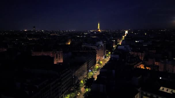 Skyline Paris Nuit France Drone Aérien Montant Ciel Pour Espace — Video