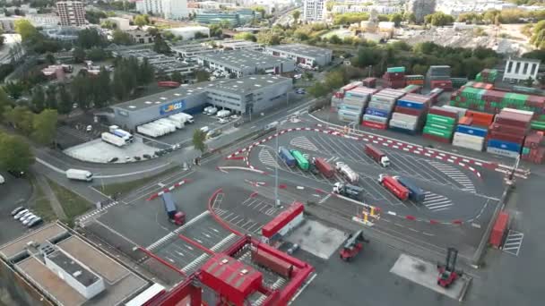 Trucks Modern Logistic Center Paris Terminal Gennevilliers France Aerial Circling — Stock Video