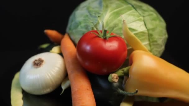 Friss Szezonális Zöldségek Káposzta Hagyma Sárgarépa Bors Zöldbab Közelkép — Stock videók