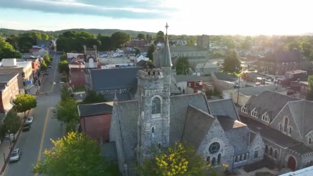 Aerial Christian Church Cathedral Usa Sunrise Shot River Distance Aerial — Stock Video