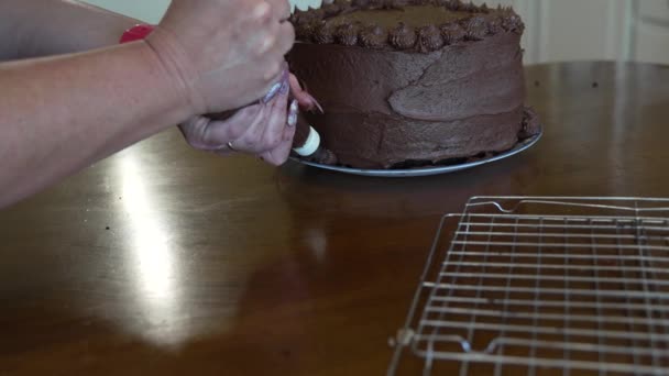 Mains Femme Vues Décorer Gâteau Chocolat Triple Couche Sur Table — Video