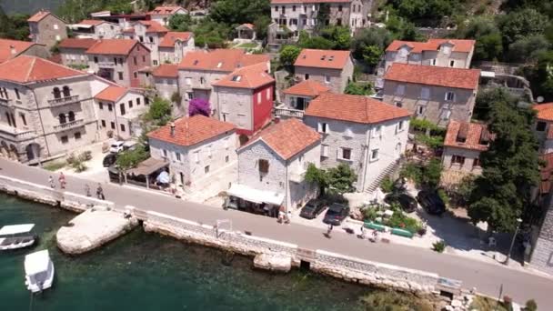 Perast Montenegro Flygfoto Över Promenaden Gamla Stan Och Vintage Stenbyggnader — Stockvideo