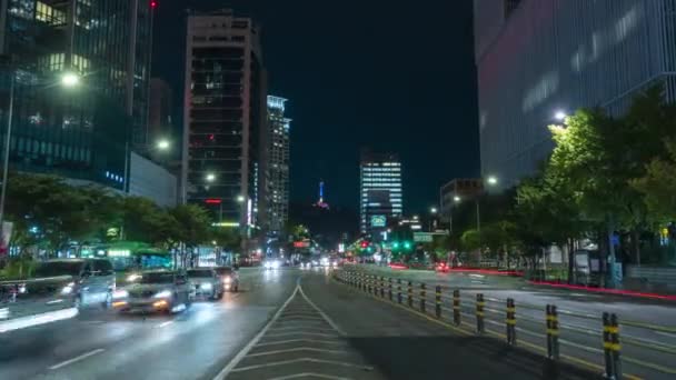 Timelapse Tráfico Nocturno Ciudad Seúl Distrito Yongsan Business Downtown Autobuses — Vídeo de stock
