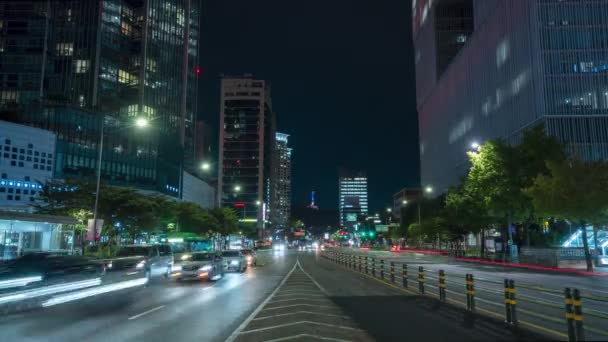 Stazione Sinyongsan Bus Stop Traffic Night Time Lapse Seoul Skyline — Video Stock