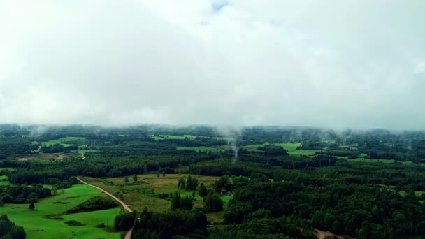 空中无人驾驶飞机在白天拍下了飘飘欲仙的云彩的美丽动作 在绿地及石子路上飘扬的云彩 — 图库视频影像