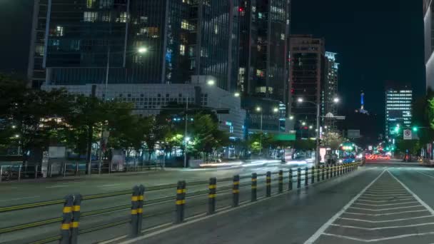 Autobús Ocupado Detener Tráfico Night Time Lapse Centro Ciudad Seúl — Vídeo de stock