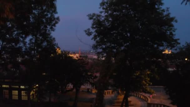 Drone Decolla Mostra Budapest Notte Attraverso Gli Alberi Parlamento Illuminato — Video Stock