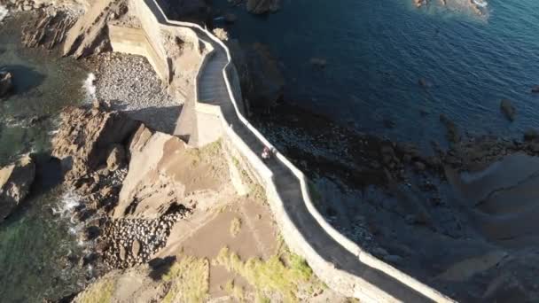 Aerial Two Backpackers Climbing Zig Zag Stairs San Juan Bizkaia — Video Stock