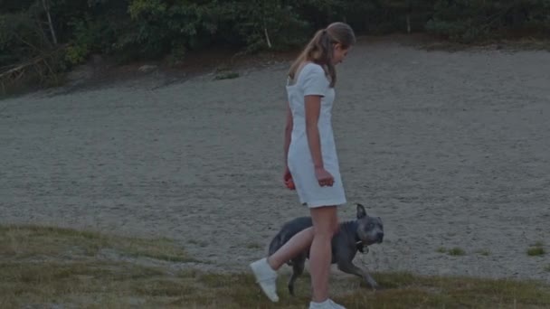 Jovem Caminhando Com Americano Staffordshire Terrier Com Dunas Areia Floresta — Vídeo de Stock