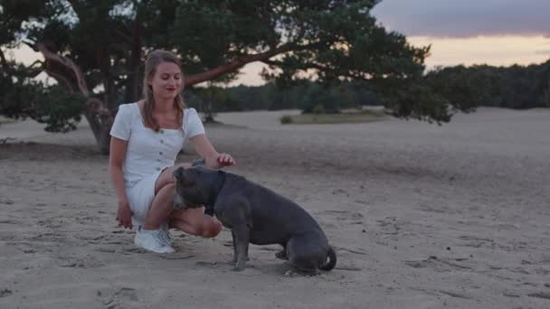 Молодая Женщина Гладит Свою Американскую Стаффордширскую Собаку Терьера Песчаных Дюнах — стоковое видео