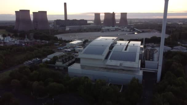 Sunrise Aerial View Lowering Modern Solar Rooftop Factory Fossil Fuel — Stock Video