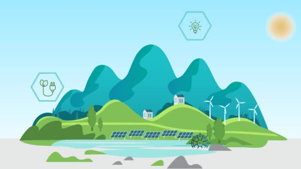 Nachhaltige Entwicklung Und Erneuerbare Energien Konzept Karikatur Einer Animierten Insel — Stockvideo