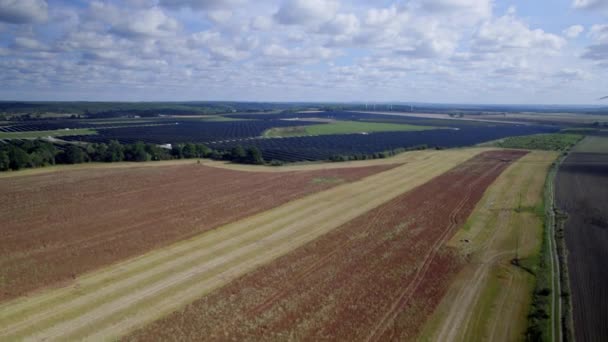 Вид Воздуха Крупномасштабную Солнечную Ферму Заднем Плане Рядом Сельской Фермой — стоковое видео