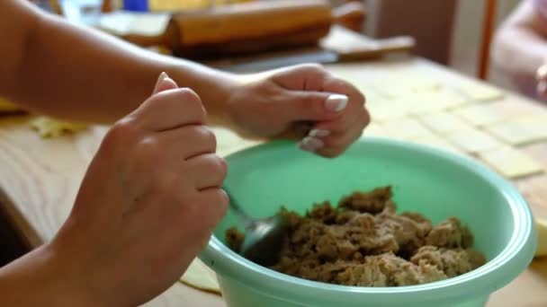 Töltés Formázás Népszerű Ételek Elkészítése Lengyel Kis Fülek Uszka Gombóc — Stock videók