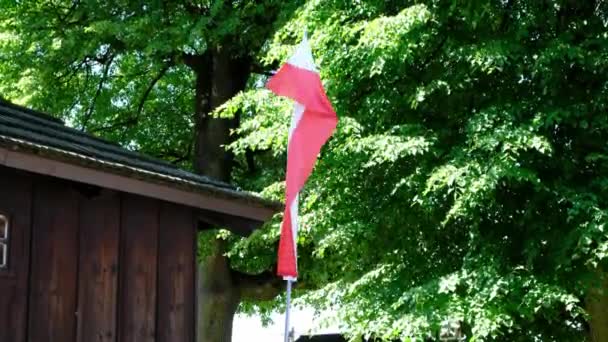 Bandera Polonia Ondeando Ala Frente Una Famosa Iglesia Polaca Madera — Vídeo de stock