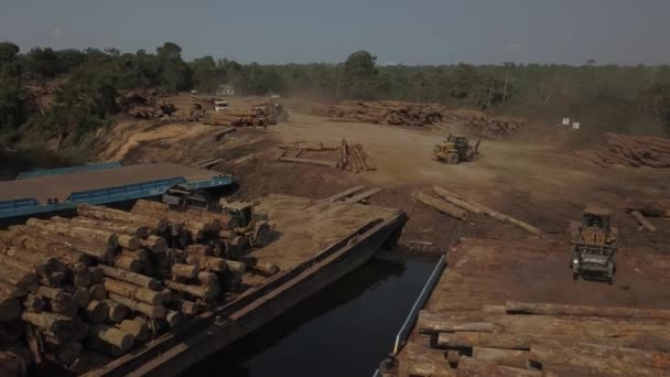 Traktorlastare Stapling Stockar Från Amazonas Regnskog Pråmar Antenn Parallax — Stockvideo