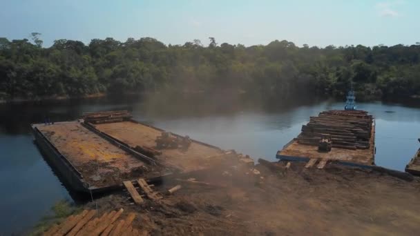Ładowanie Barek Kłód Amazońskiego Lasu Deszczowego Transportu Wiadukt Lotniczy — Wideo stockowe