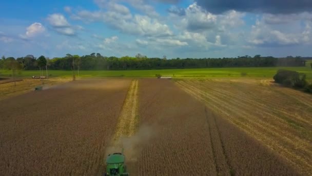 联合收割机在亚马逊雨林被砍伐的土地上采集大豆作物 空中撤回揭示 — 图库视频影像