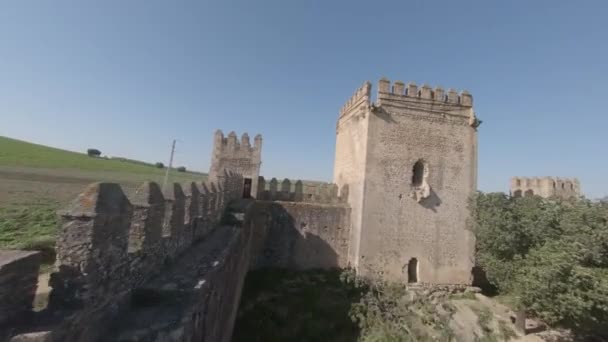 Bearded Young Man Walks Medieval Castle Wall Catwalk Fpv Aerial — Stock Video