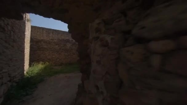 Fpv Aerial Flies Hole Blasted Thick Spanish Castle Wall — Stock Video