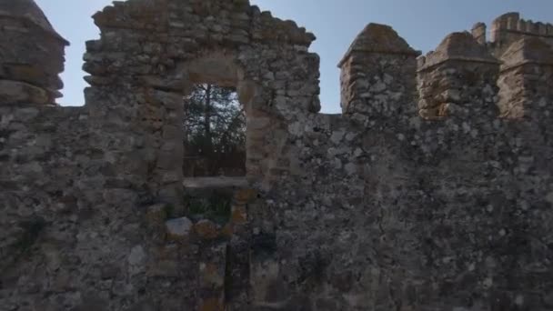 Fpv Aerial Flies Castle Window Medieval Courtyard — Stock Video