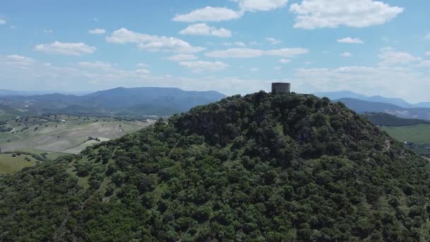 Luchtfoto Banen Middeleeuwse Wachttoren Top Van Beboste Heuvel Spanje — Stockvideo