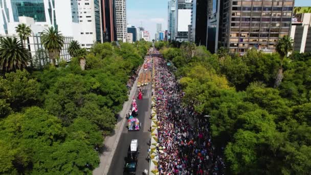 在阳光明媚的墨西哥城Avenida Paseo Reforma举行的死亡游行日 空中景观 — 图库视频影像
