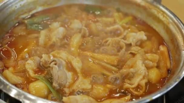 Zblízka Vařící Korejské Kimchi Tteok Pokki Polévka Plná Olihní Zeleniny — Stock video