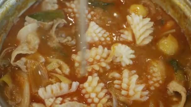 Κοντεύω Βράσω Κορεάτικη Σούπα Κίμτσι Γεμάτη Καλαμάρια Και Λαχανικά Asain — Αρχείο Βίντεο