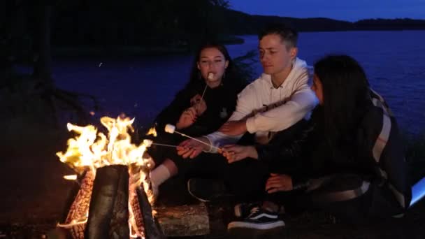 Tres Amigos Disfrutando Malvaviscos Una Noche Verano Junto Lago — Vídeos de Stock
