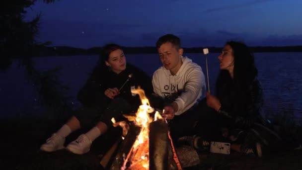 Prieteni Care Stau Lângă Foc Tabără Într Noapte Vară Târzie — Videoclip de stoc