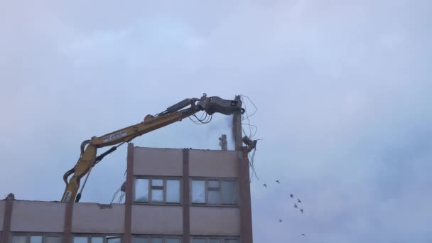 Demoliční Rypadlo Zničení Vyztuženého Betonu Svorkou — Stock video