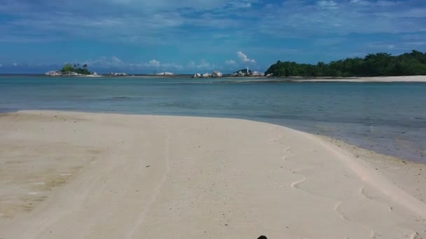 Young Tan Girl Swimsuit Running Tropical White Sand Beach Sandbar — Stock Video