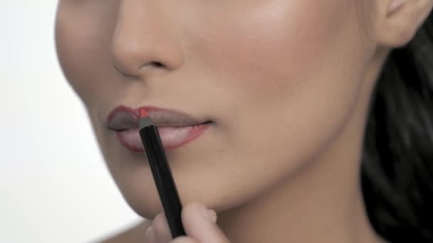 Maquiagem Cosmética Profissional Sendo Aplicada Aos Lábios Modelo — Vídeo de Stock