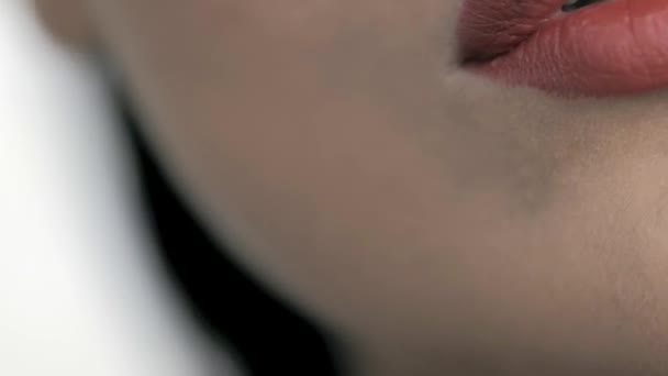 Macro Shot Beautiful Lips Cosmetic Lipstick Makeup Applied — Stock Video