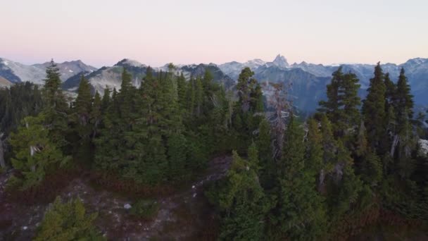Bc4K加拿大布鲁山带松树和独木舟的山地景观 空中上升 重建和泛化图像 — 图库视频影像