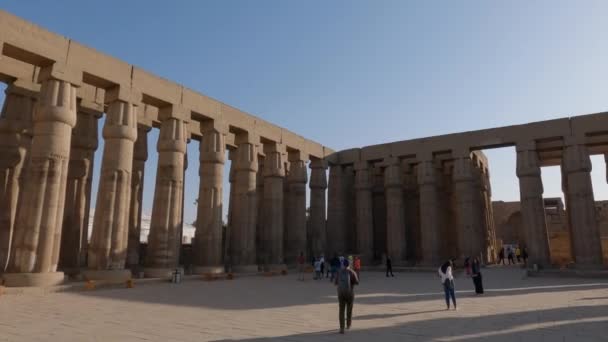 Panning Shot Delle Grandi Colonne Turisti Che Ammirano Tempio Luxor — Video Stock
